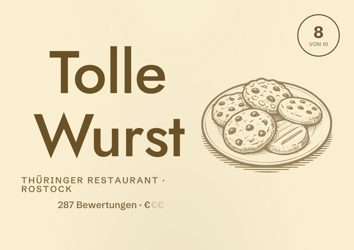 Illustriertes Poster von Tolle Wurst, Thüringer Restaurant in Rostock: Bewertung 8 von 10 aus 287 Bewertungen, Preisniveau €