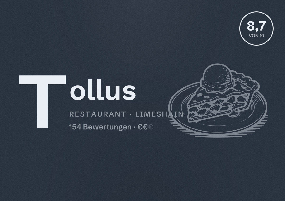 Illustriertes Poster von Tollus, Restaurant in Limeshain: Bewertung 8,7 von 10 aus 154 Bewertungen, Preisniveau €€