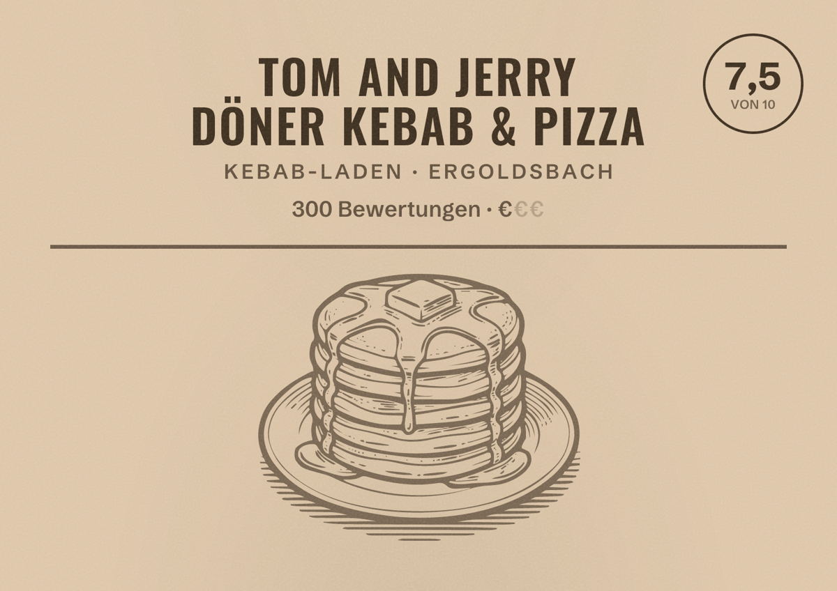 Illustriertes Poster von Tom and Jerry Döner Kebab & Pizza, Kebab-Laden in Ergoldsbach: Bewertung 7,5 von 10 aus 300 Bewertungen, Preisniveau €
