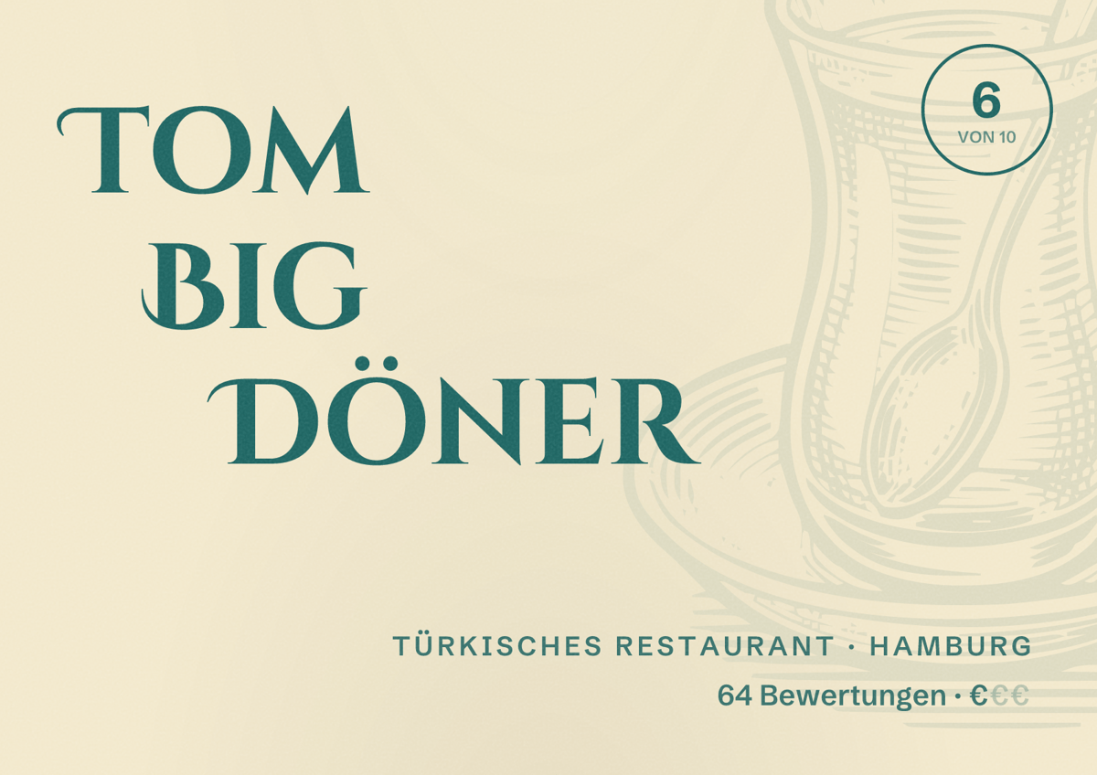 Illustriertes Poster von Tom Big Döner, Türkisches Restaurant in Hamburg: Bewertung 6,0 von 10 aus 64 Bewertungen, Preisniveau €