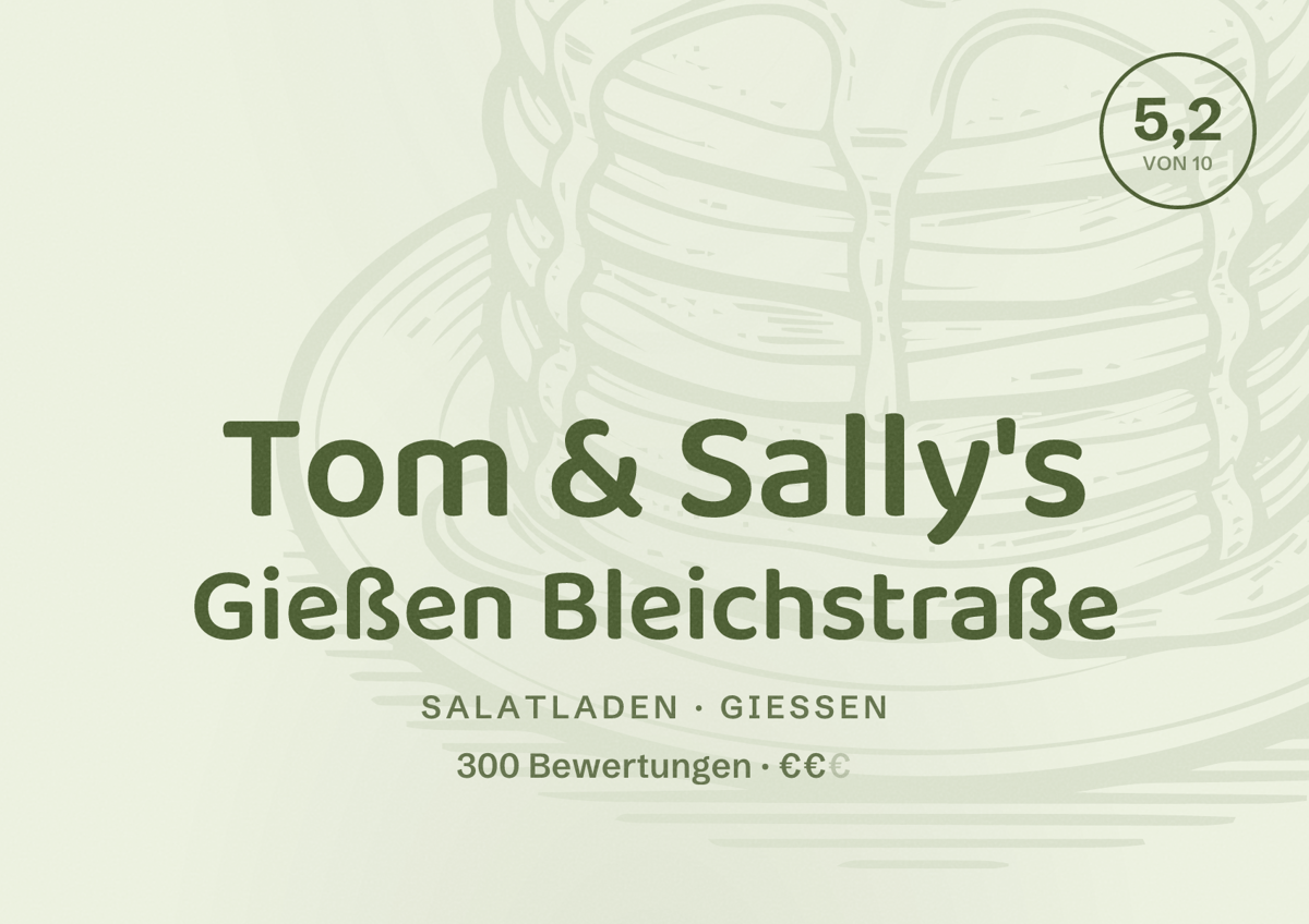 Illustriertes Poster von Tom & Sally's Gießen Bleichstraße, Salatladen in Gießen: Bewertung 5,2 von 10 aus 300 Bewertungen, Preisniveau €€