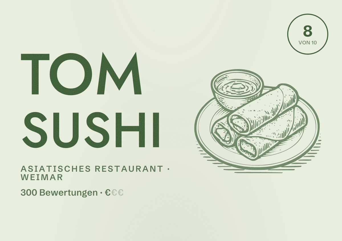 Illustriertes Poster von Tom Sushi, Asiatisches Restaurant in Weimar: Bewertung 8 von 10 aus 300 Bewertungen, Preisniveau €