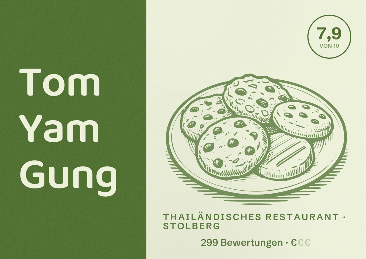 Illustriertes Poster von Tom Yam Gung, Thailändisches Restaurant in Stolberg: Bewertung 7,9 von 10 aus 299 Bewertungen, Preisniveau €