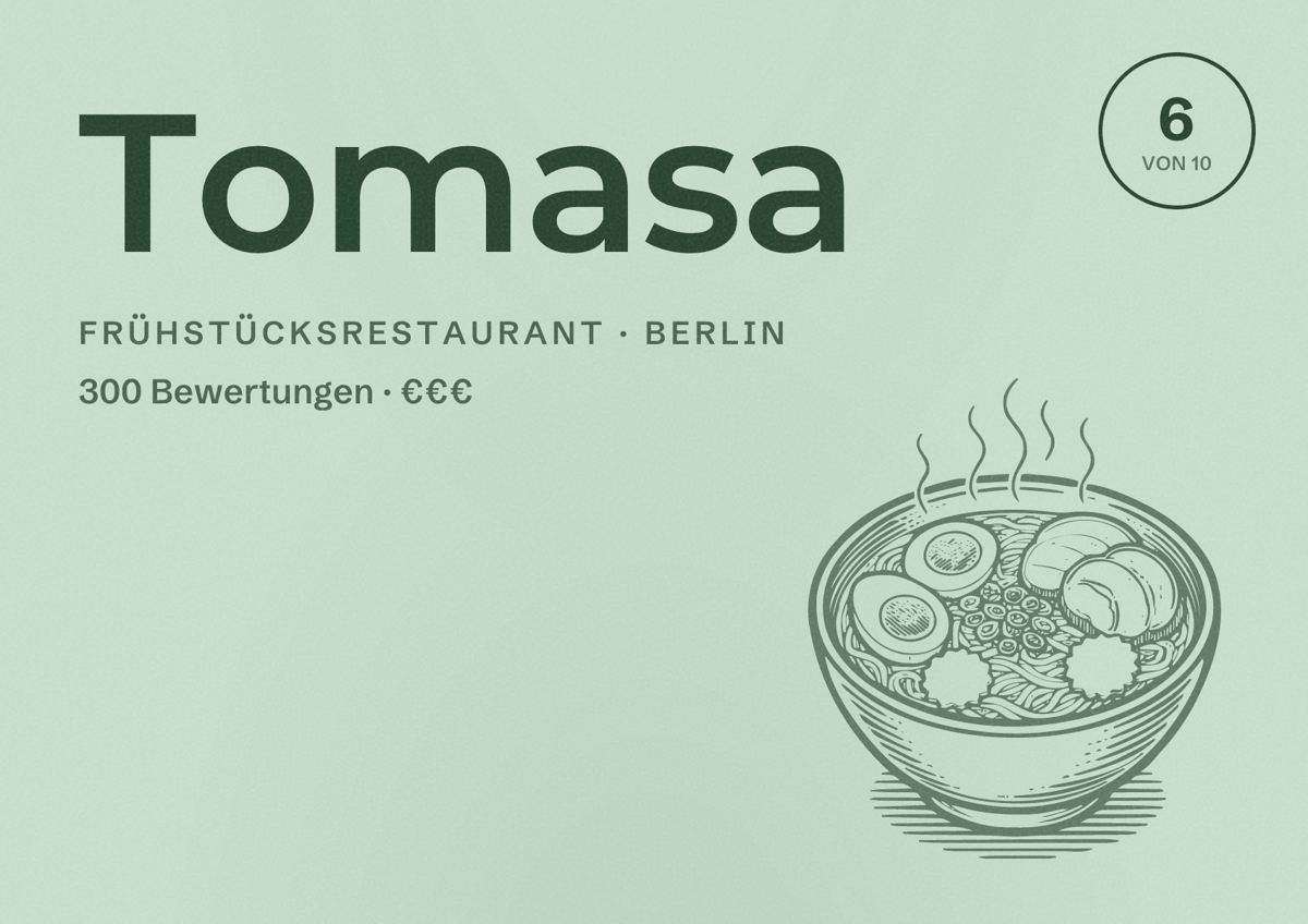Illustriertes Poster von Tomasa, Frühstücksrestaurant in Berlin: Bewertung 6,0 von 10 aus 300 Bewertungen, Preisniveau €€€