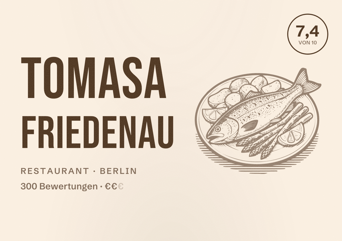 Illustriertes Poster von TOMASA Friedenau, Restaurant in Berlin: Bewertung 7,4 von 10 aus 300 Bewertungen, Preisniveau €€