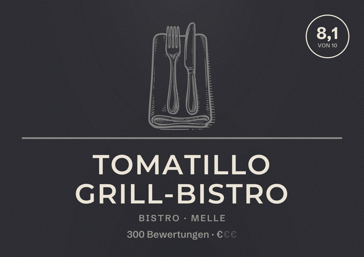 Illustriertes Poster von Tomatillo Grill-Bistro, Bistro in Melle: Bewertung 8,1 von 10 aus 300 Bewertungen, Preisniveau €