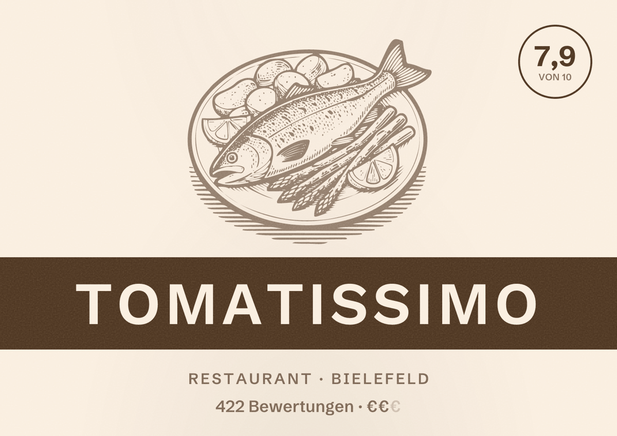 Illustriertes Poster von Tomatissimo, Restaurant in Bielefeld: Bewertung 7,9 von 10 aus 422 Bewertungen, Preisniveau €€
