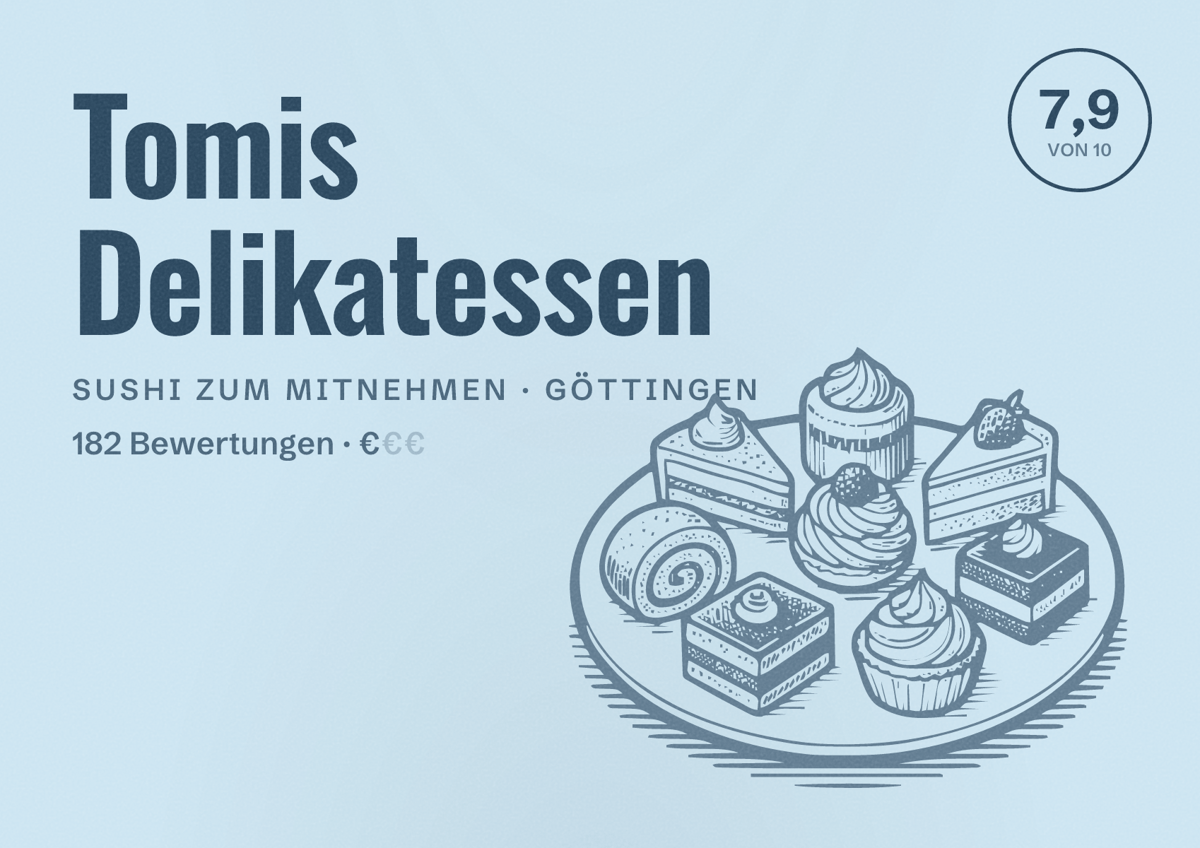 Illustriertes Poster von Tomis Delikatessen, Sushi zum Mitnehmen in Göttingen: Bewertung 7,9 von 10 aus 182 Bewertungen, Preisniveau €