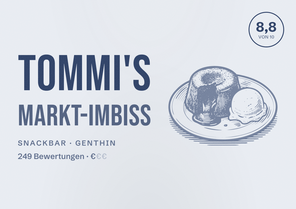 Illustriertes Poster von Tommi's Markt-Imbiss, Snackbar in Genthin: Bewertung 8,8 von 10 aus 249 Bewertungen, Preisniveau €