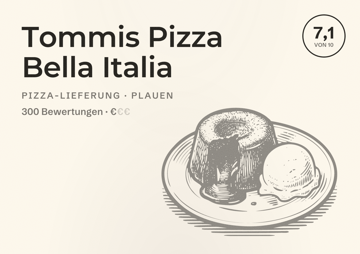 Illustriertes Poster von Tommis Pizza Bella Italia, Pizza-Lieferung in Plauen: Bewertung 7,1 von 10 aus 300 Bewertungen, Preisniveau €