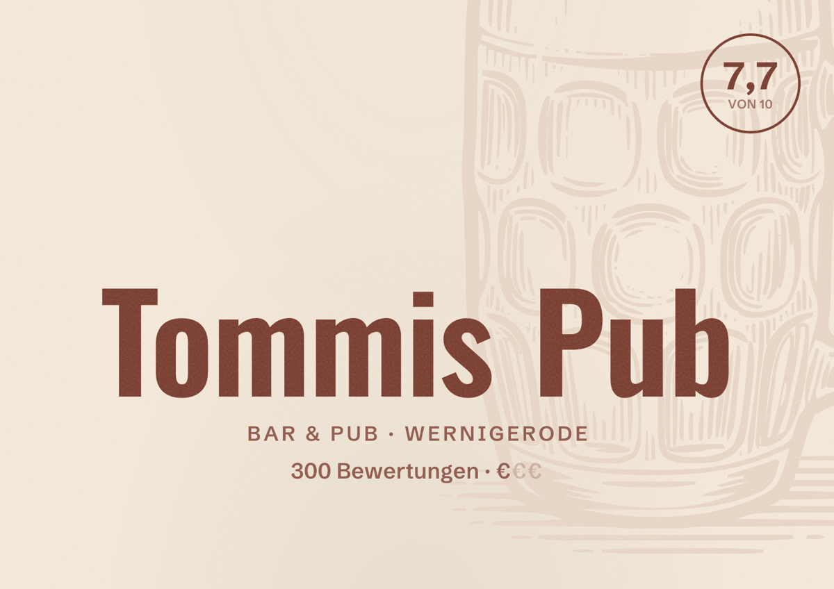 Illustriertes Poster von Tommis Pub, Bar & Pub in Wernigerode: Bewertung 7,7 von 10 aus 300 Bewertungen, Preisniveau €