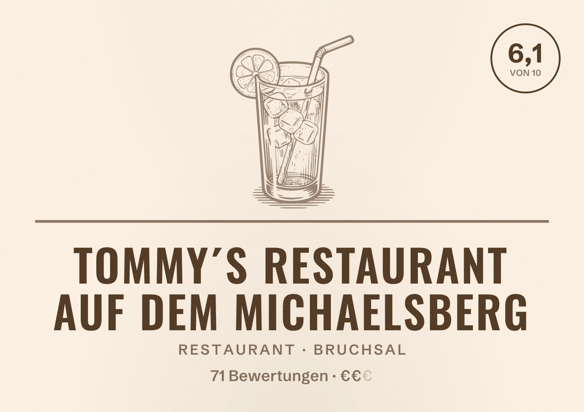 Illustriertes Poster von Tommy´s Restaurant auf dem Michaelsberg, Restaurant in Bruchsal: Bewertung 6,1 von 10 aus 71 Bewertungen, Preisniveau €€