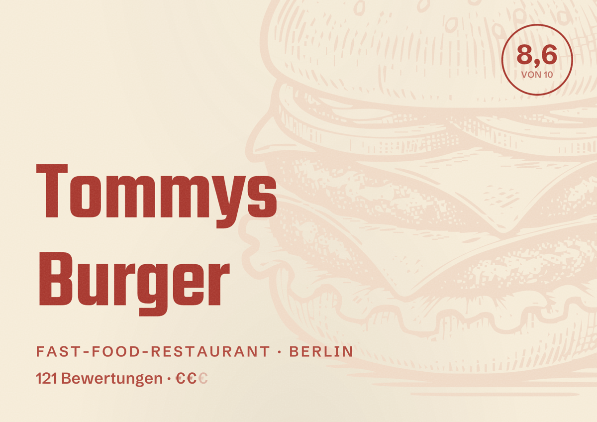 Illustriertes Poster von Tommys Burger, Fast-Food-Restaurant in Berlin: Bewertung 8,6 von 10 aus 121 Bewertungen, Preisniveau €€
