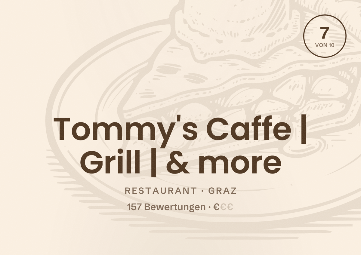Illustriertes Poster von Tommy's Caffe | Grill | & more, Restaurant in Graz: Bewertung 7 von 10 aus 157 Bewertungen, Preisniveau €