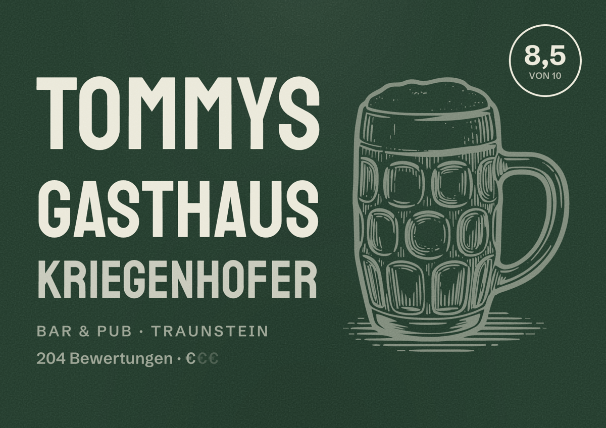 Illustriertes Poster von Tommys Gasthaus Kriegenhofer, Bar & Pub in Traunstein: Bewertung 8,5 von 10 aus 204 Bewertungen, Preisniveau €