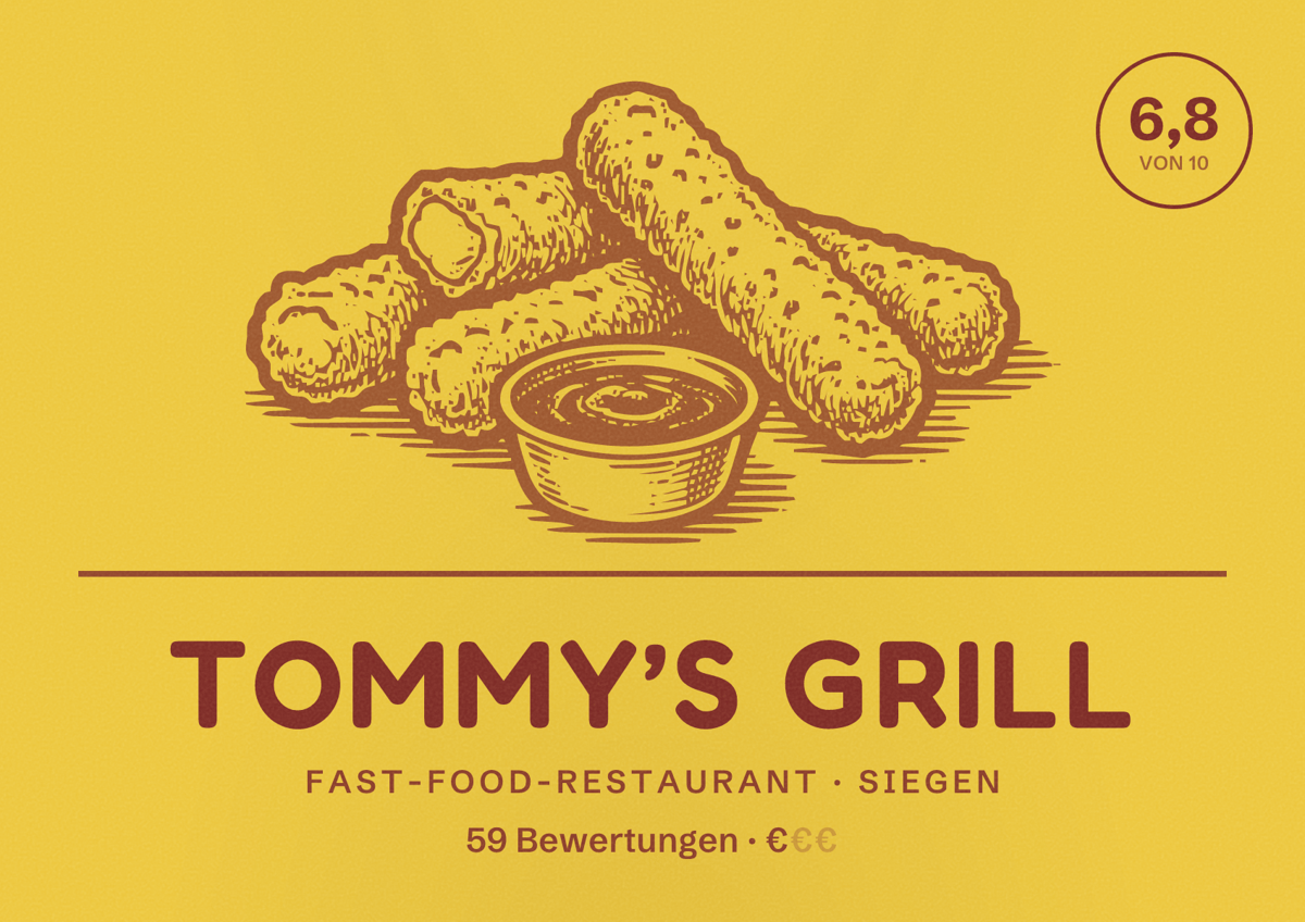 Illustriertes Poster von Tommy’s Grill, Fast-Food-Restaurant in Siegen: Bewertung 6,8 von 10 aus 59 Bewertungen, Preisniveau €