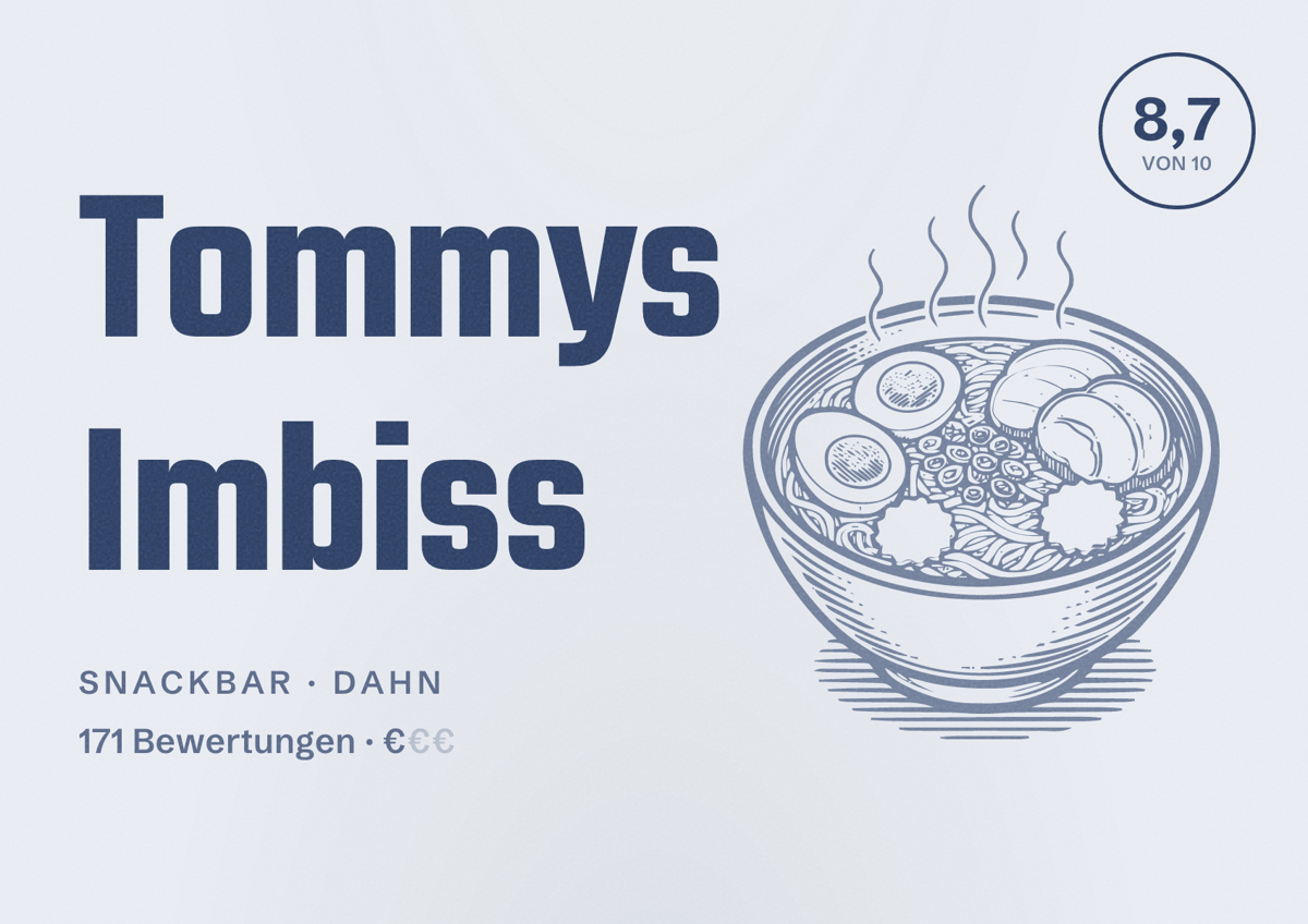 Illustriertes Poster von Tommys Imbiss, Snackbar in Dahn: Bewertung 8,7 von 10 aus 171 Bewertungen, Preisniveau €