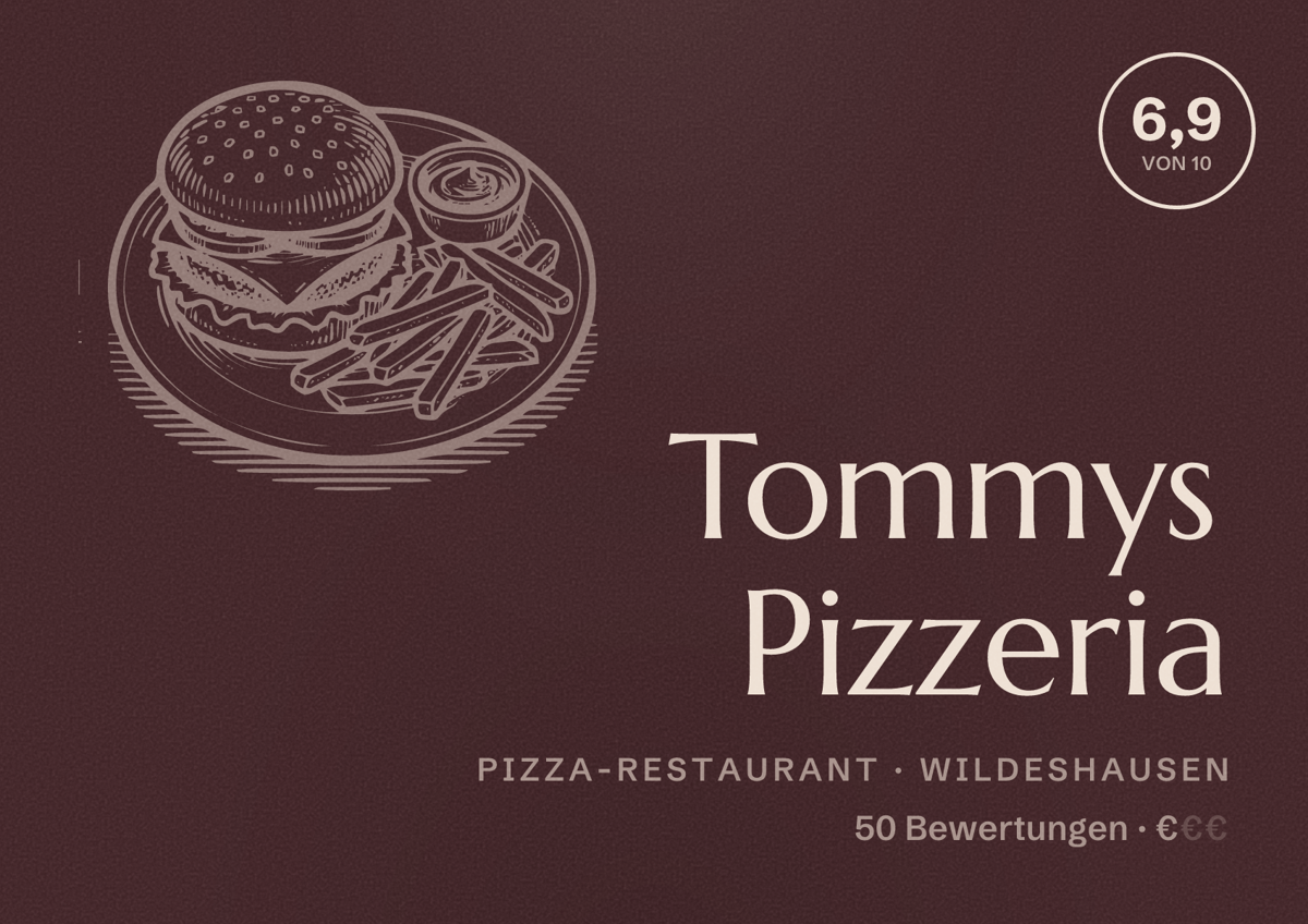 Illustriertes Poster von Tommys Pizzeria, Pizza-Restaurant in Wildeshausen: Bewertung 6,9 von 10 aus 50 Bewertungen, Preisniveau €
