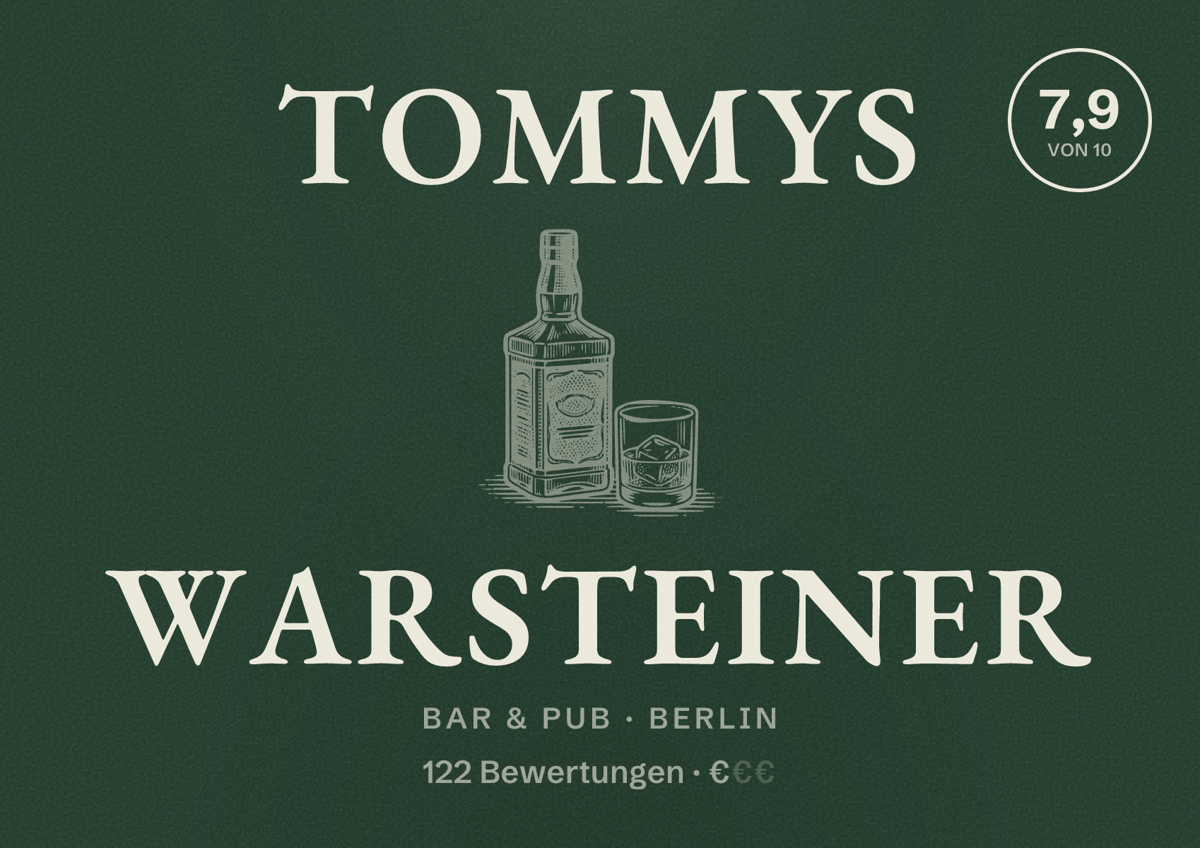 Illustriertes Poster von Tommys Warsteiner, Bar & Pub in Berlin: Bewertung 7,9 von 10 aus 122 Bewertungen, Preisniveau €