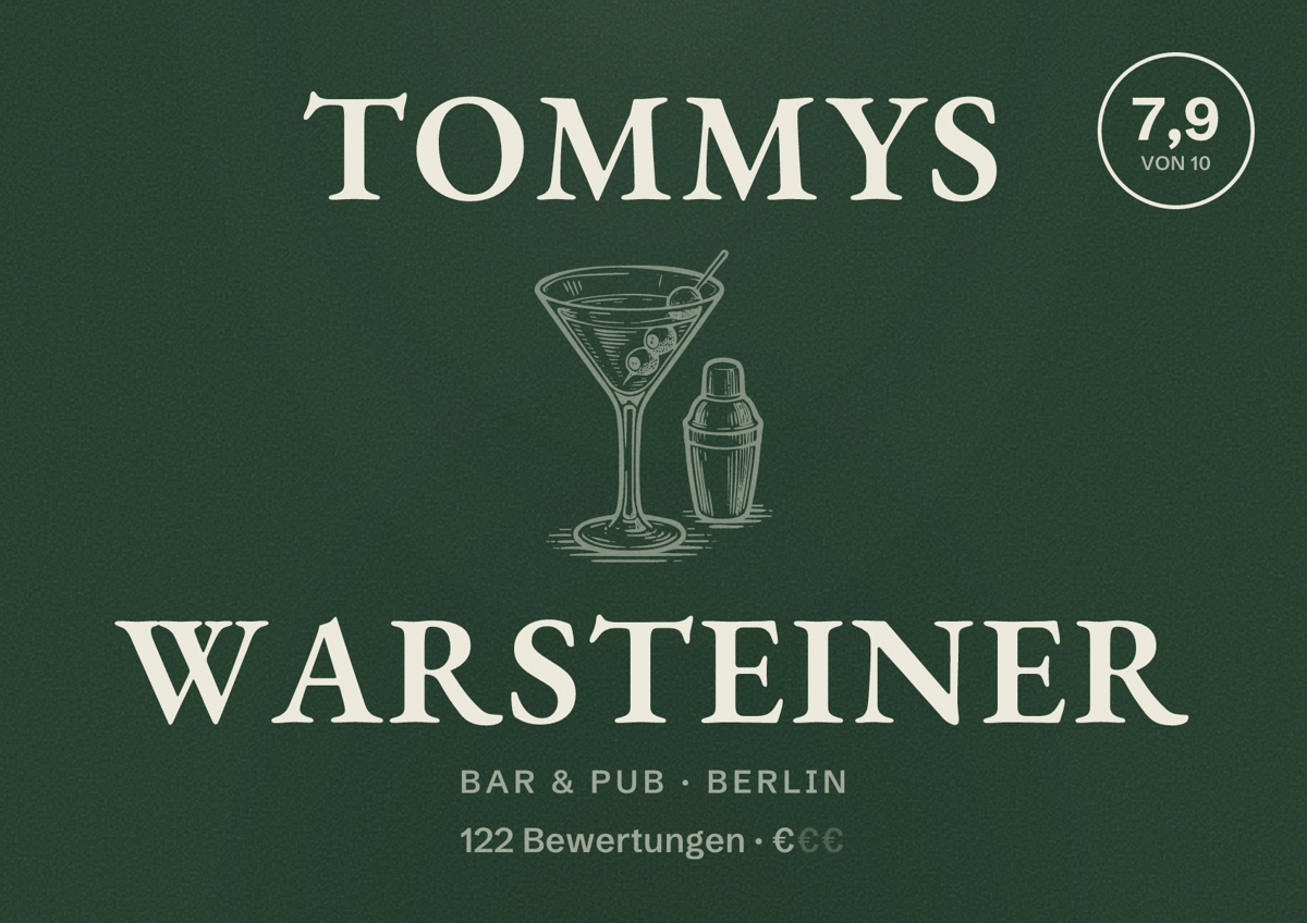 Illustriertes Poster von Tommys Warsteiner, Bar & Pub in Berlin: Bewertung 7,9 von 10 aus 122 Bewertungen, Preisniveau €
