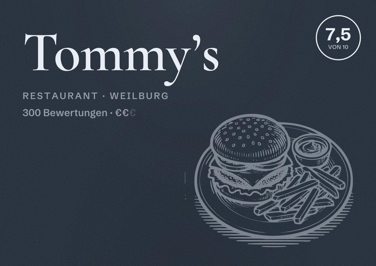Illustriertes Poster von Tommy’s, Restaurant in Weilburg: Bewertung 7,5 von 10 aus 300 Bewertungen, Preisniveau €€