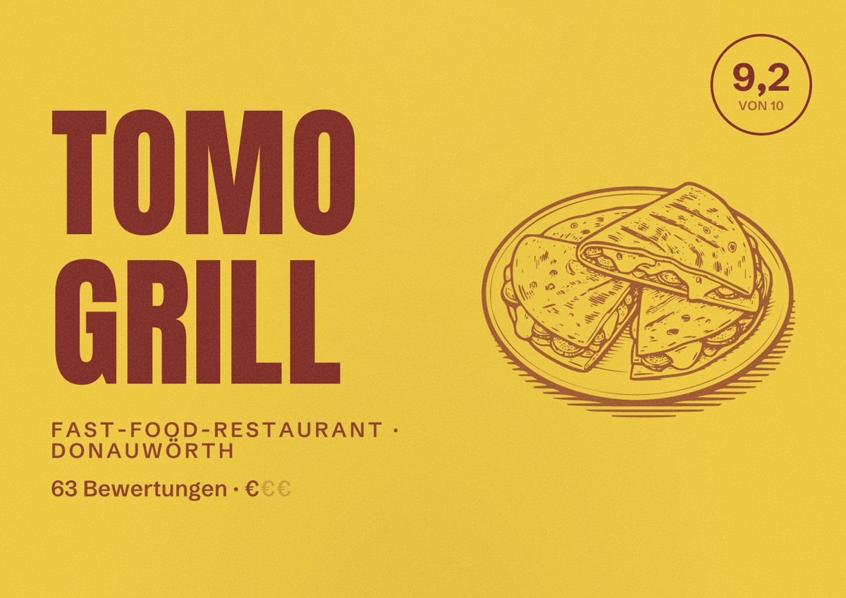 Illustriertes Poster von Tomo Grill, Fast-Food-Restaurant in Donauwörth: Bewertung 9,2 von 10 aus 63 Bewertungen, Preisniveau €