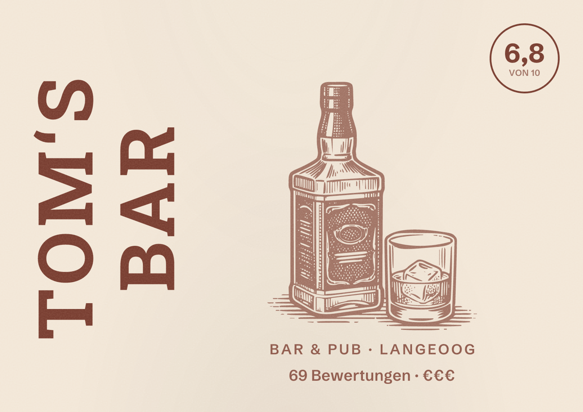 Illustriertes Poster von TOM‘S BAR, Bar & Pub in Langeoog: Bewertung 6,8 von 10 aus 69 Bewertungen, Preisniveau €€€