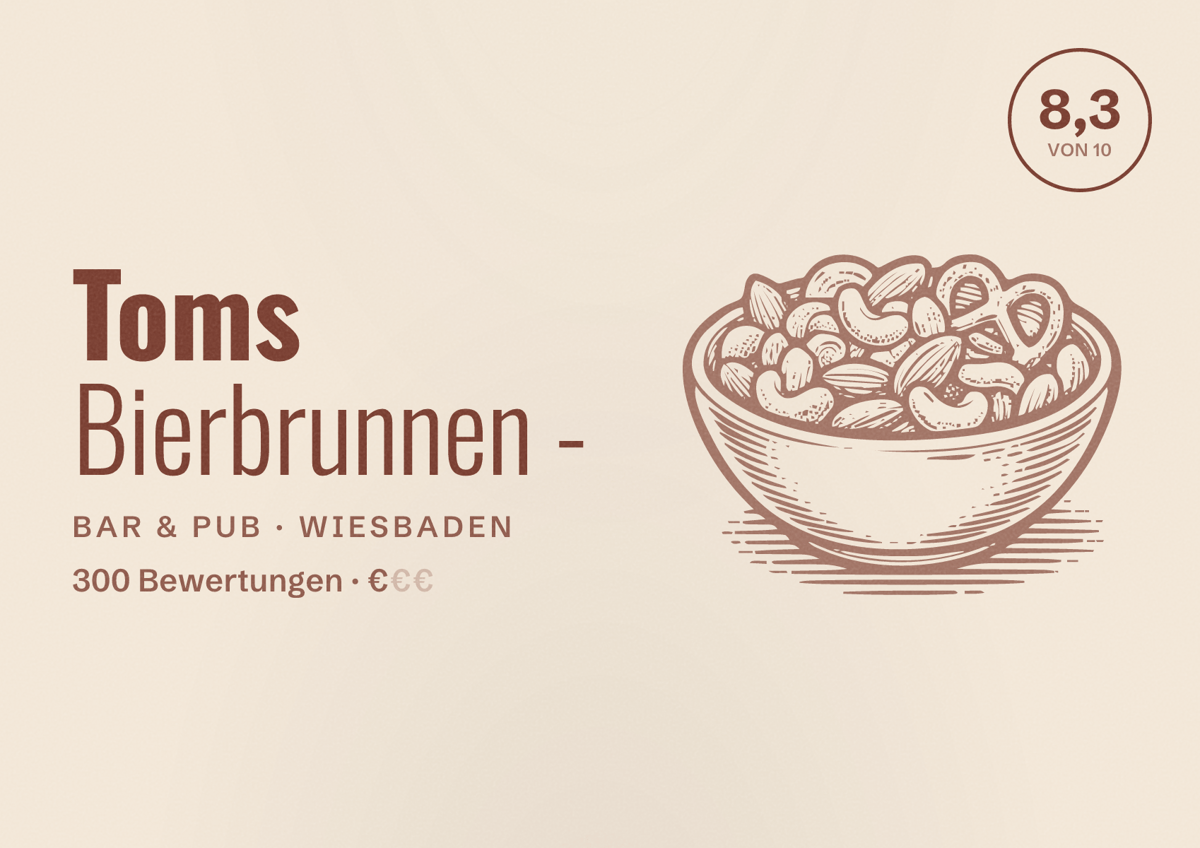 Illustriertes Poster von Toms Bierbrunnen -, Bar & Pub in Wiesbaden: Bewertung 8,3 von 10 aus 300 Bewertungen, Preisniveau €
