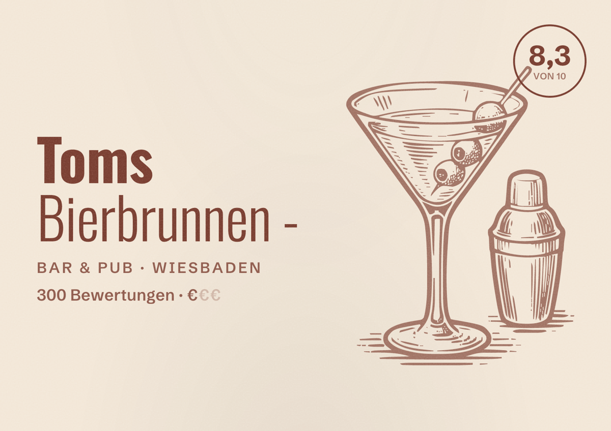 Illustriertes Poster von Toms Bierbrunnen -, Bar & Pub in Wiesbaden: Bewertung 8,3 von 10 aus 300 Bewertungen, Preisniveau €