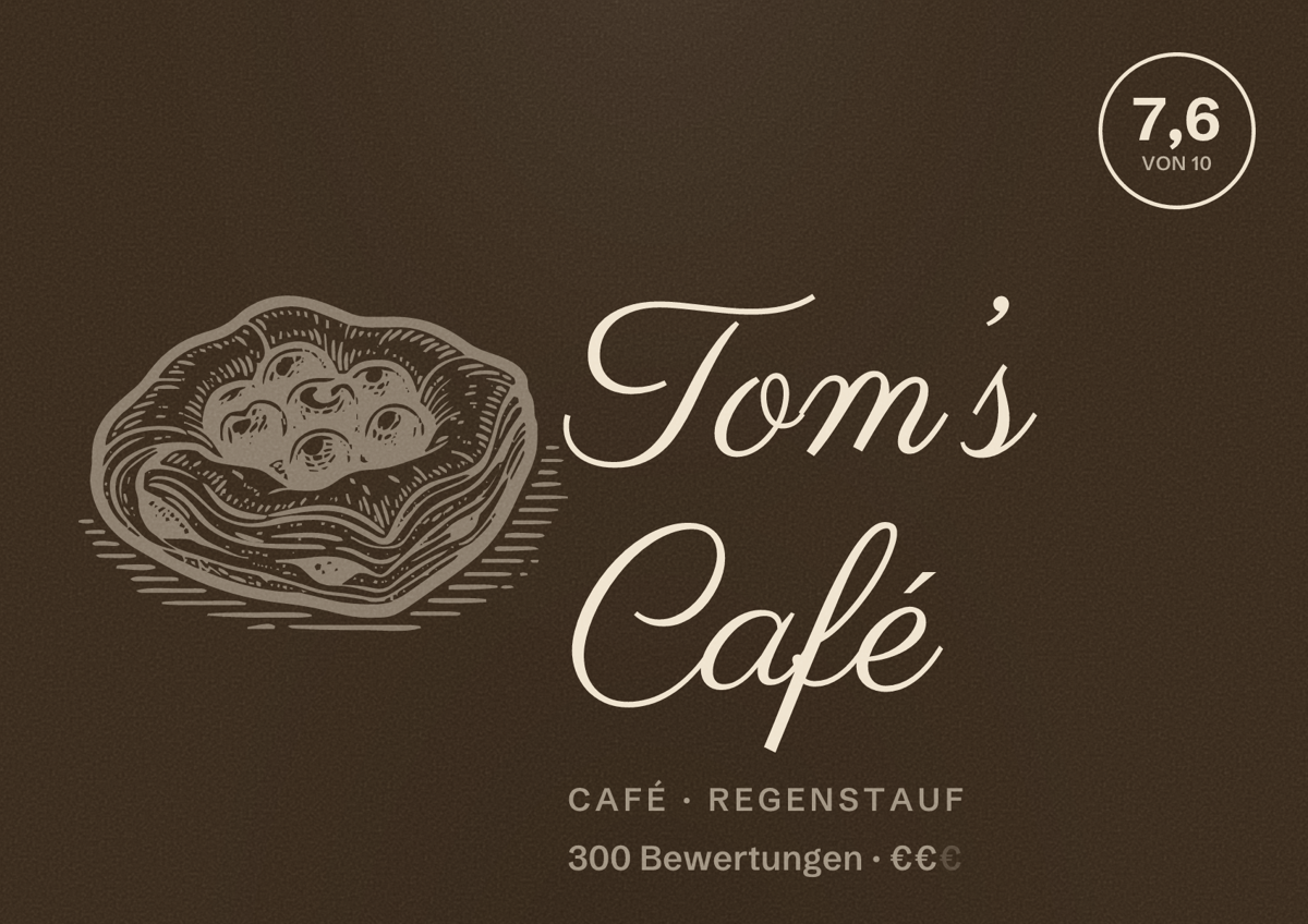 Illustriertes Poster von Tom’s Café, Café in Regenstauf: Bewertung 7,6 von 10 aus 300 Bewertungen, Preisniveau €€