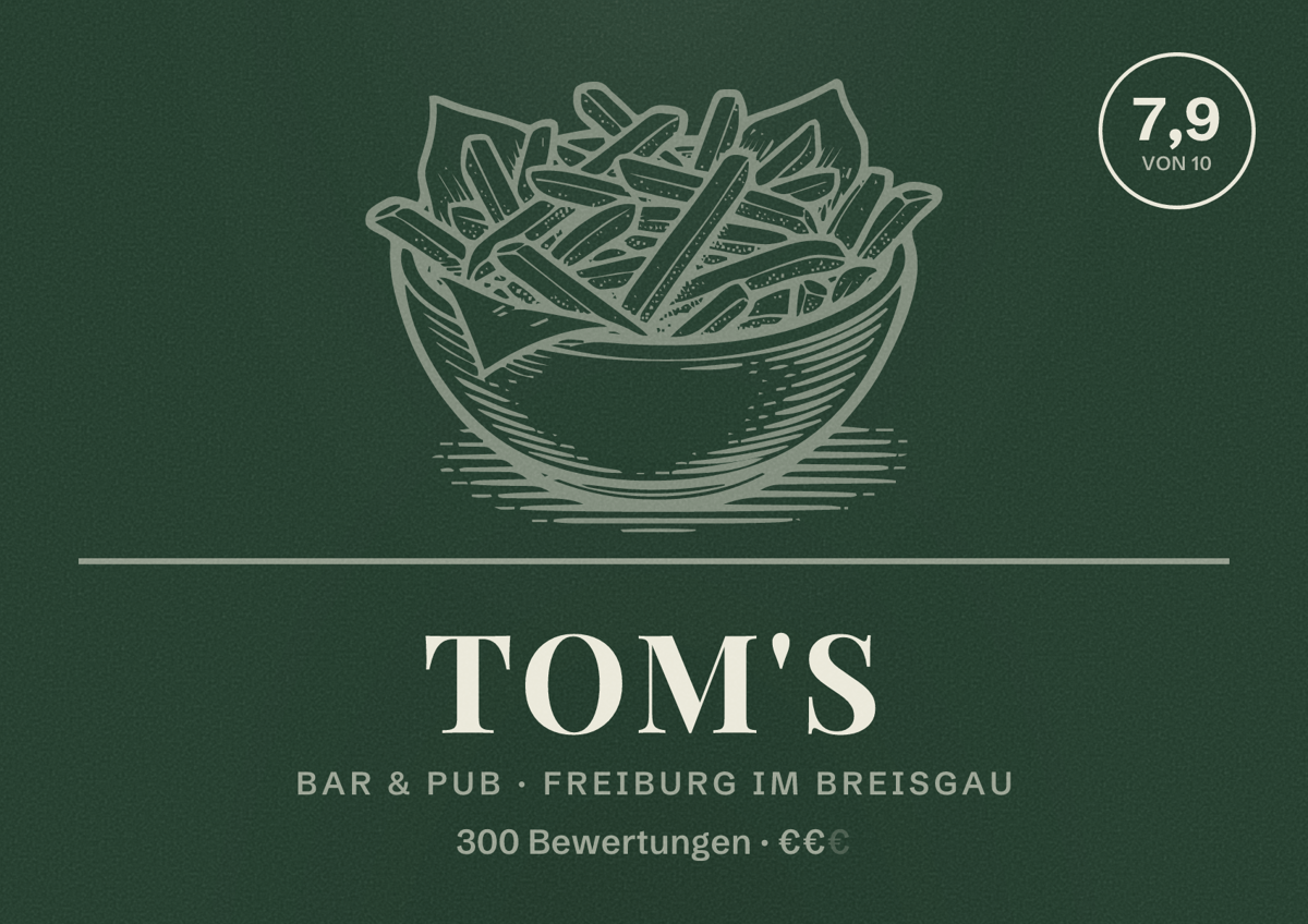 Illustriertes Poster von Tom's, Bar & Pub in Freiburg im Breisgau: Bewertung 7,9 von 10 aus 300 Bewertungen, Preisniveau €€