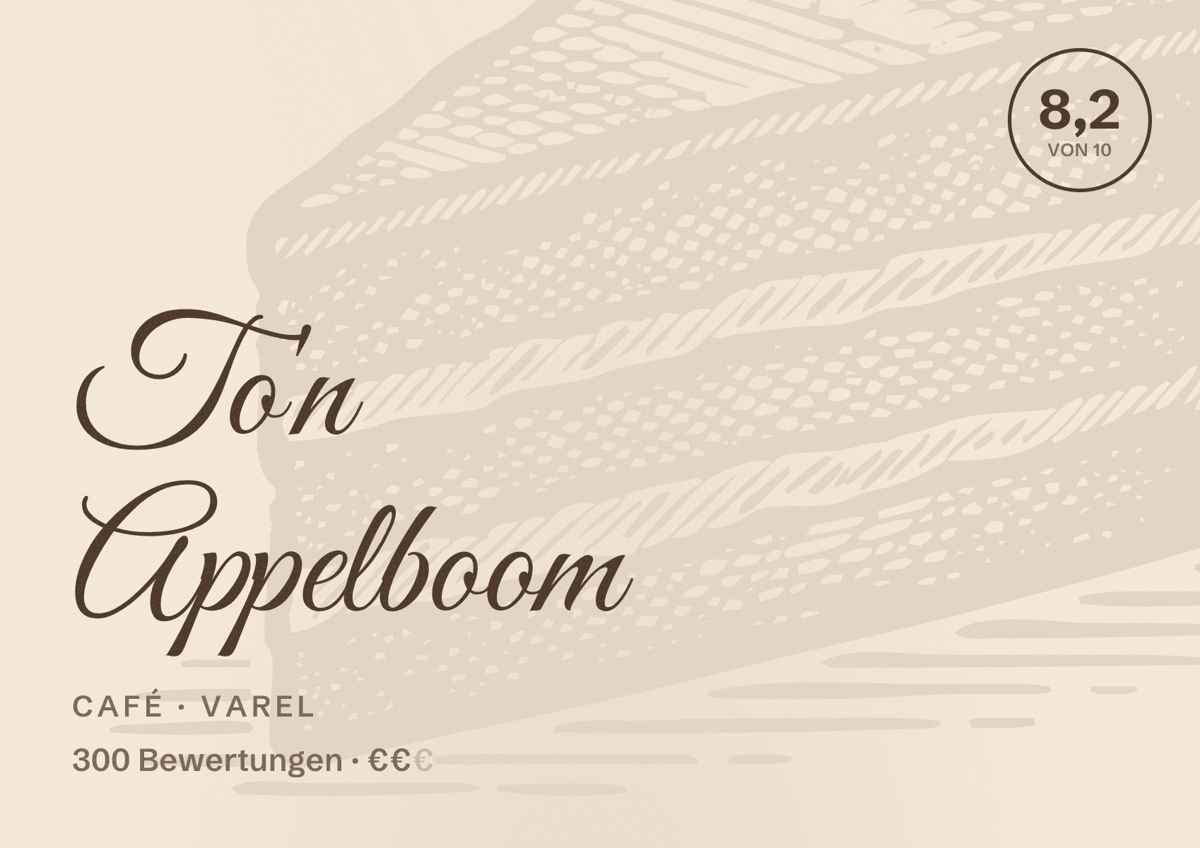 Illustriertes Poster von To'n Appelboom, Café in Varel: Bewertung 8,2 von 10 aus 300 Bewertungen, Preisniveau €€
