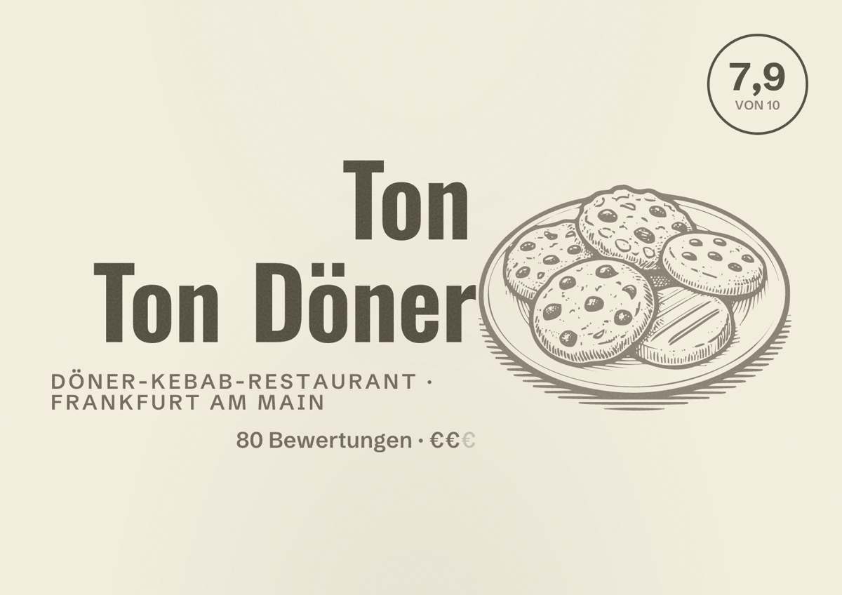 Illustriertes Poster von Ton Ton Döner, Döner-Kebab-Restaurant in Frankfurt am Main: Bewertung 7,9 von 10 aus 80 Bewertungen, Preisniveau €€