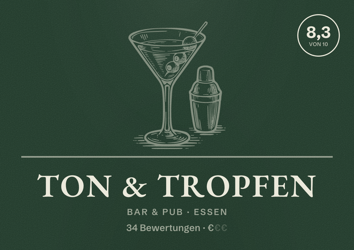 Illustriertes Poster von Ton & Tropfen, Bar & Pub in Essen: Bewertung 8,3 von 10 aus 34 Bewertungen, Preisniveau €