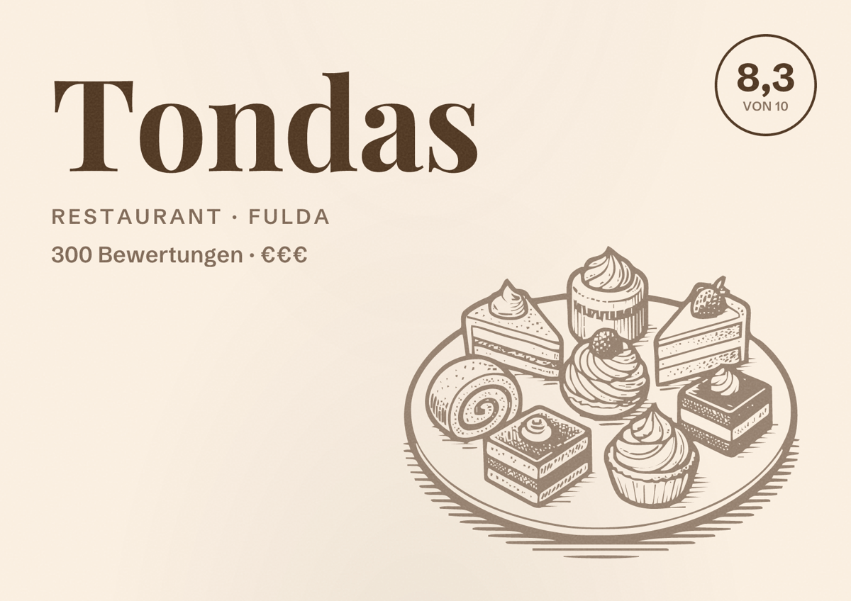 Illustriertes Poster von Tondas, Restaurant in Fulda: Bewertung 8,3 von 10 aus 300 Bewertungen, Preisniveau €€€
