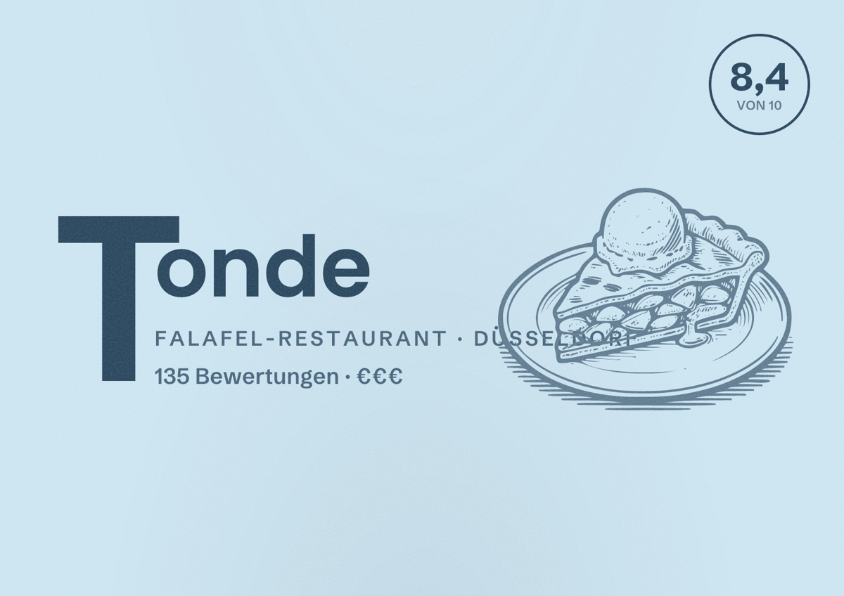 Illustriertes Poster von Tonde, Falafel-Restaurant in Düsseldorf: Bewertung 8,4 von 10 aus 135 Bewertungen, Preisniveau €€€