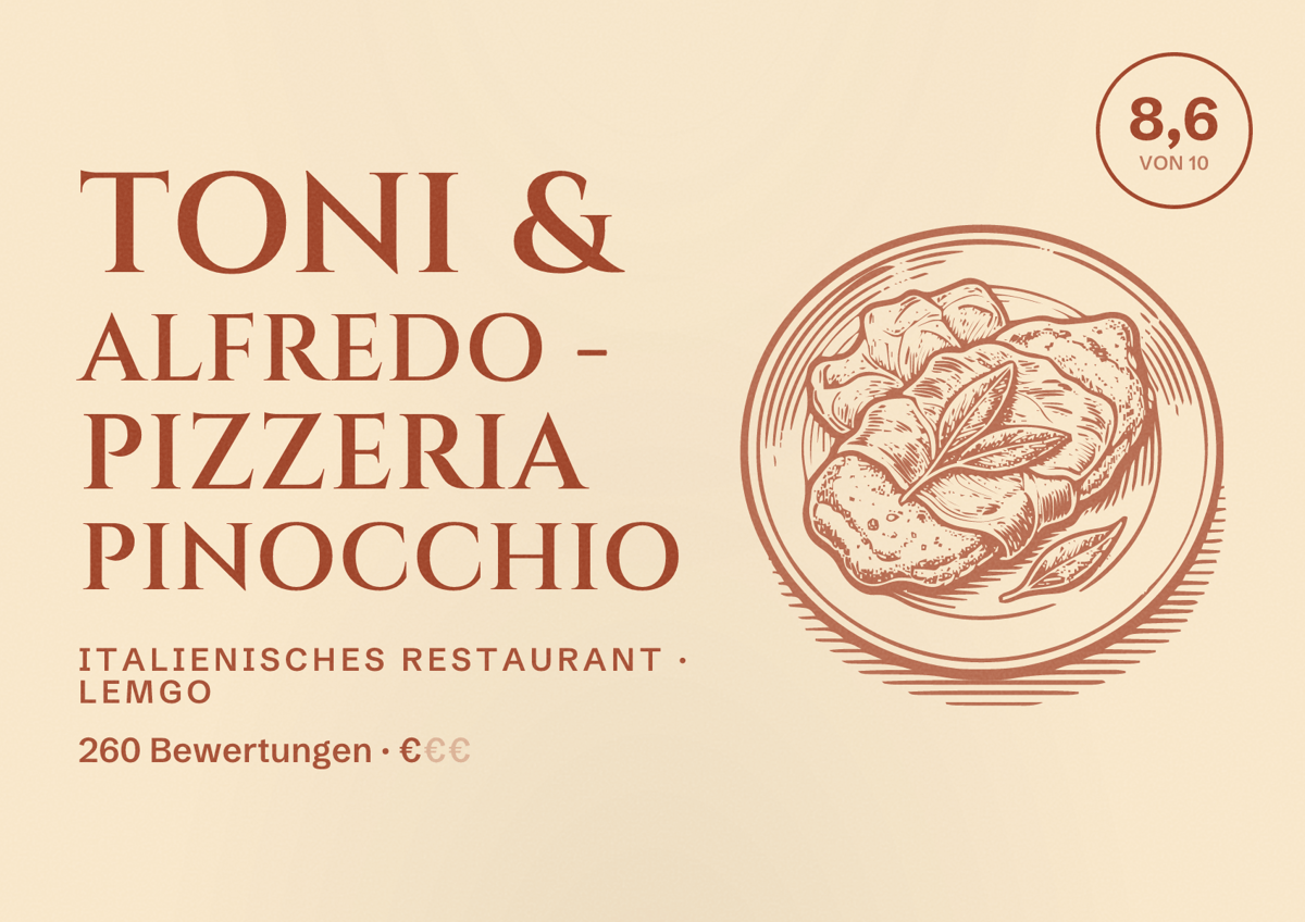 Illustriertes Poster von Toni & Alfredo - Pizzeria Pinocchio, Italienisches Restaurant in Lemgo: Bewertung 8,6 von 10 aus 260 Bewertungen, Preisniveau €
