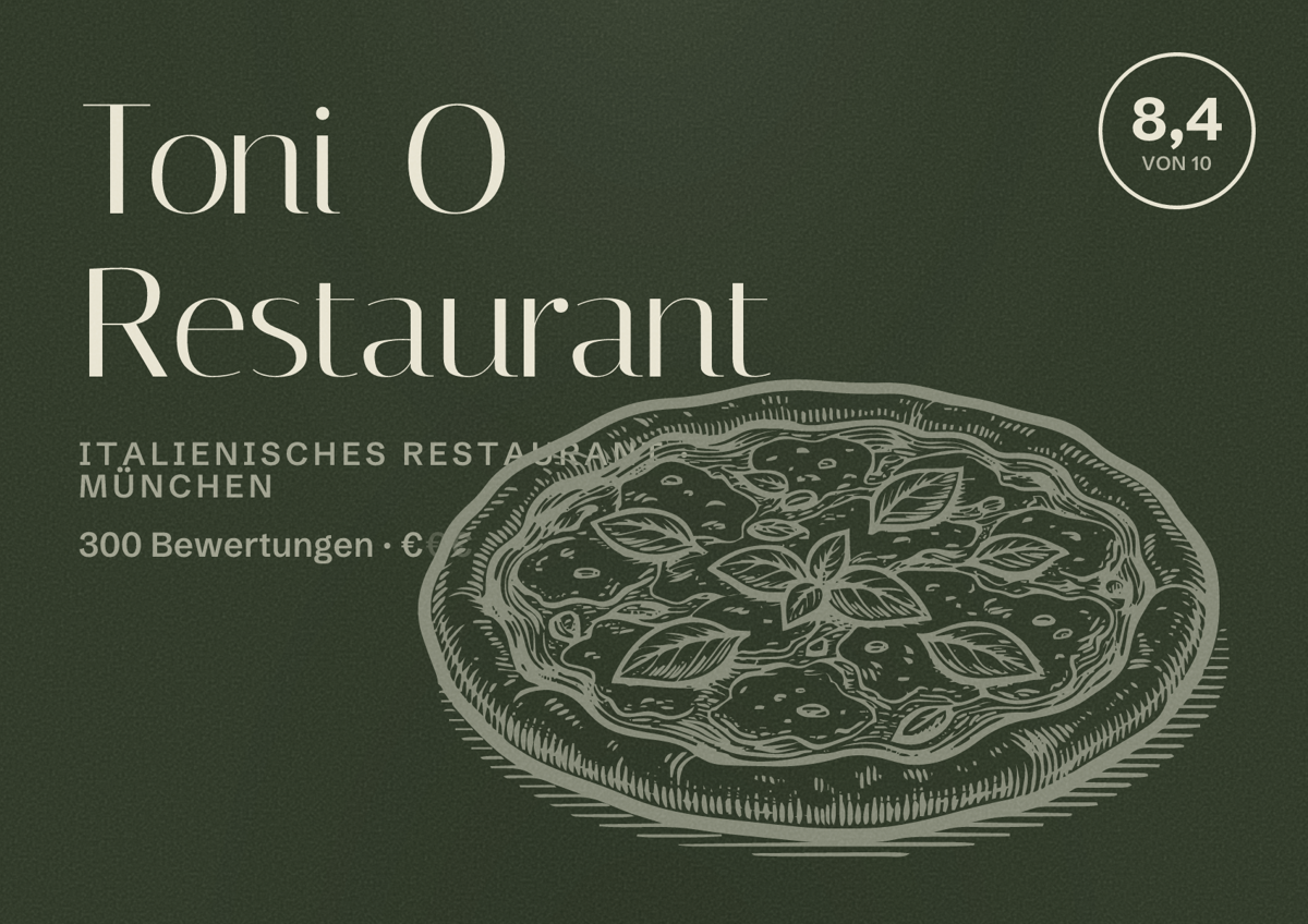 Illustriertes Poster von Toni O Restaurant, Italienisches Restaurant in München: Bewertung 8,4 von 10 aus 300 Bewertungen, Preisniveau €