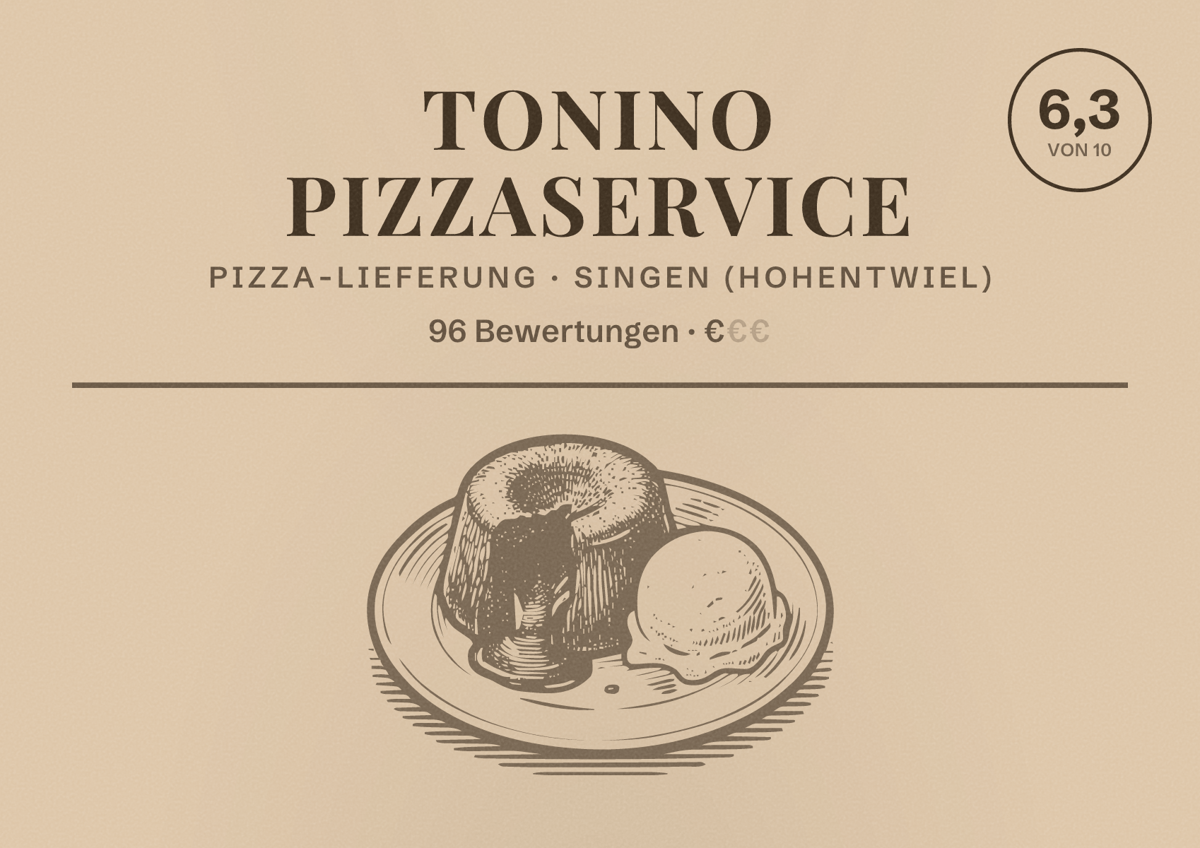Illustriertes Poster von Tonino Pizzaservice, Pizza-Lieferung in Singen (Hohentwiel): Bewertung 6,3 von 10 aus 96 Bewertungen, Preisniveau €