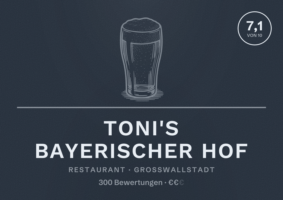 Illustriertes Poster von Toni's Bayerischer Hof, Restaurant in Großwallstadt: Bewertung 7,1 von 10 aus 300 Bewertungen, Preisniveau €€