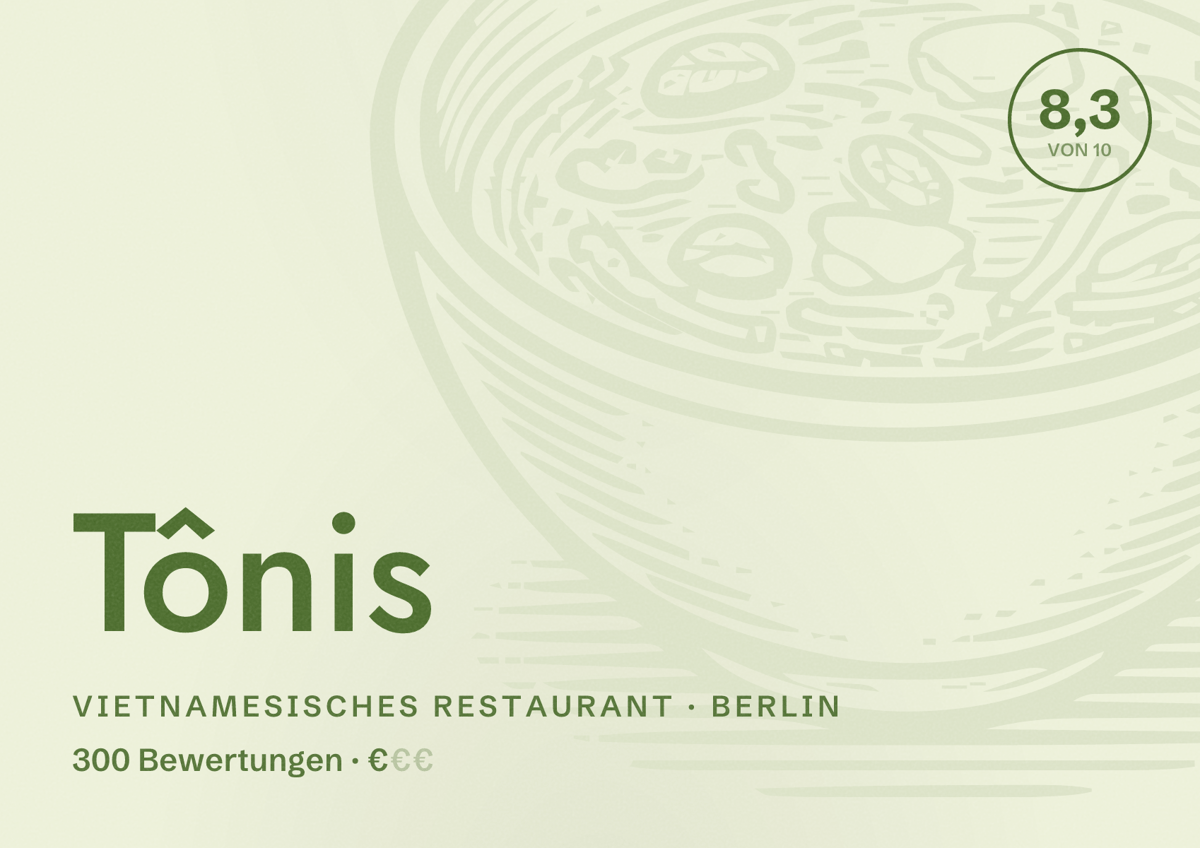 Illustriertes Poster von Tônis, Vietnamesisches Restaurant in Berlin: Bewertung 8,3 von 10 aus 300 Bewertungen, Preisniveau €