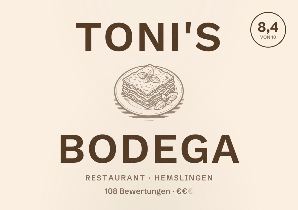 Illustriertes Poster von Toni's Bodega, Restaurant in Hemslingen: Bewertung 8,4 von 10 aus 108 Bewertungen, Preisniveau €€
