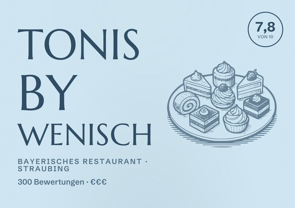 Illustriertes Poster von TONIs by Wenisch, Bayerisches Restaurant in Straubing: Bewertung 7,8 von 10 aus 300 Bewertungen, Preisniveau €€€