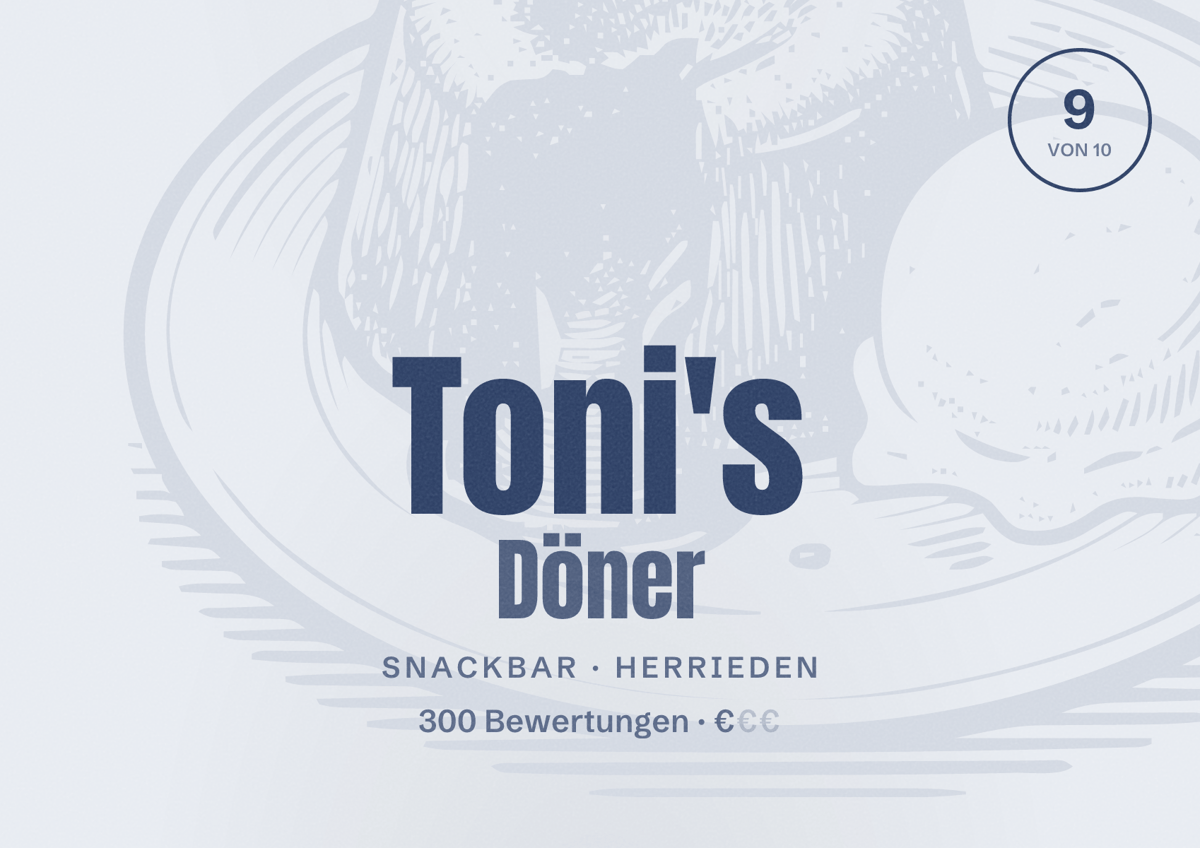 Illustriertes Poster von Toni's Döner, Snackbar in Herrieden: Bewertung 9 von 10 aus 300 Bewertungen, Preisniveau €