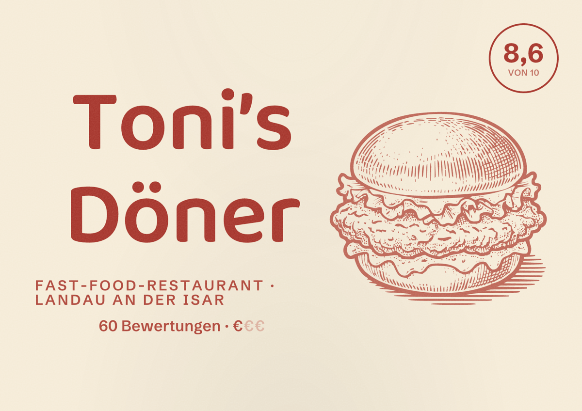 Illustriertes Poster von Toni’s Döner, Fast-Food-Restaurant in Landau an der Isar: Bewertung 8,6 von 10 aus 60 Bewertungen, Preisniveau €