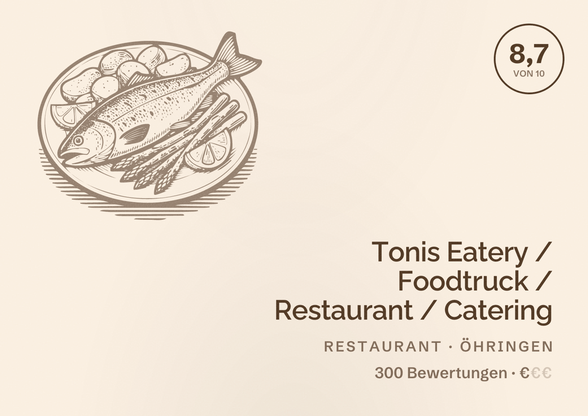 Illustriertes Poster von Tonis Eatery / Foodtruck / Restaurant / Catering, Restaurant in Öhringen: Bewertung 8,7 von 10 aus 300 Bewertungen, Preisniveau €