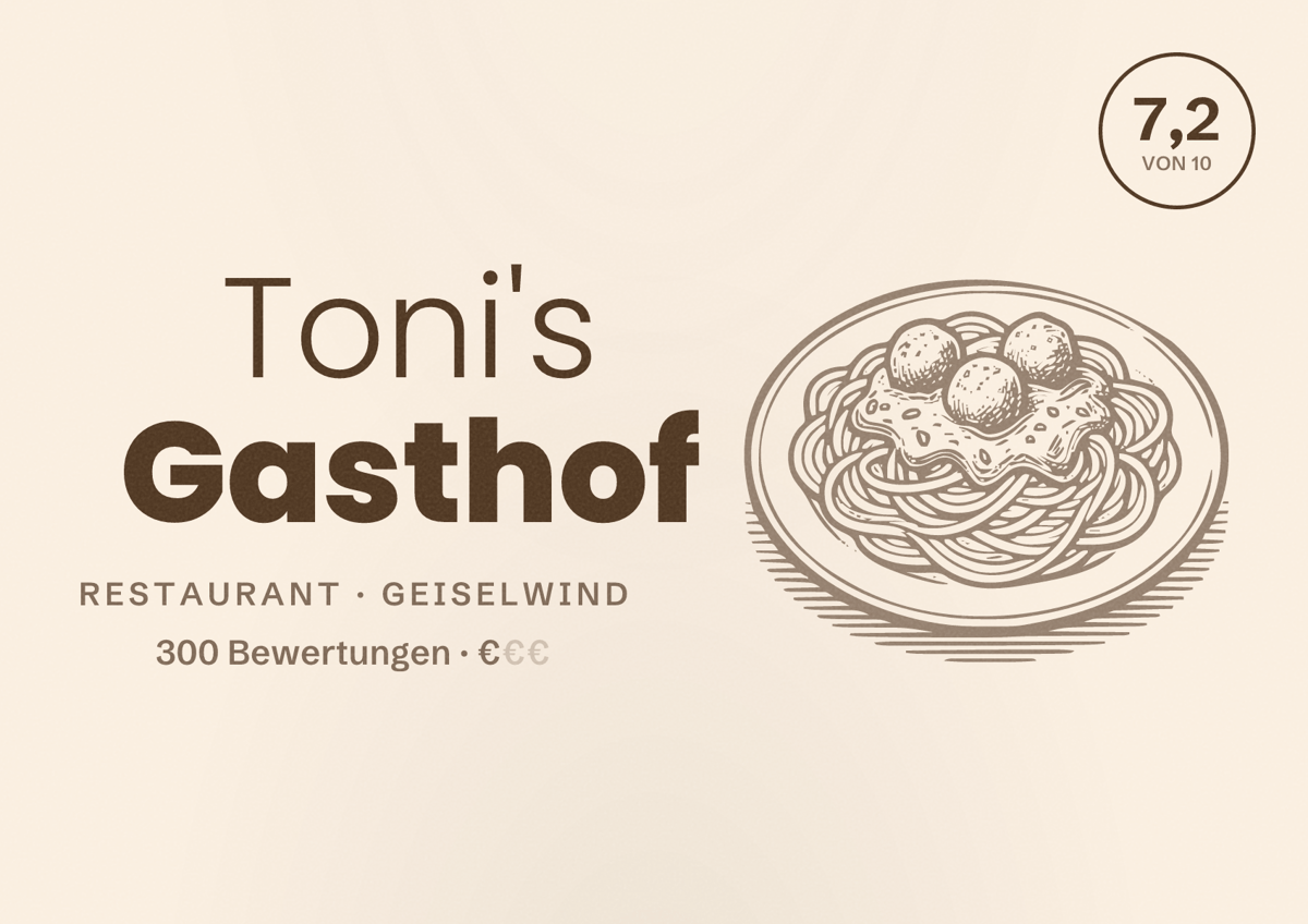 Illustriertes Poster von Toni's Gasthof, Restaurant in Geiselwind: Bewertung 7,2 von 10 aus 300 Bewertungen, Preisniveau €