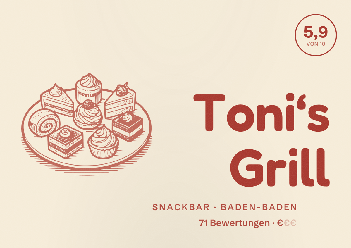 Illustriertes Poster von Toni‘s Grill, Snackbar in Baden-Baden: Bewertung 5,9 von 10 aus 71 Bewertungen, Preisniveau €