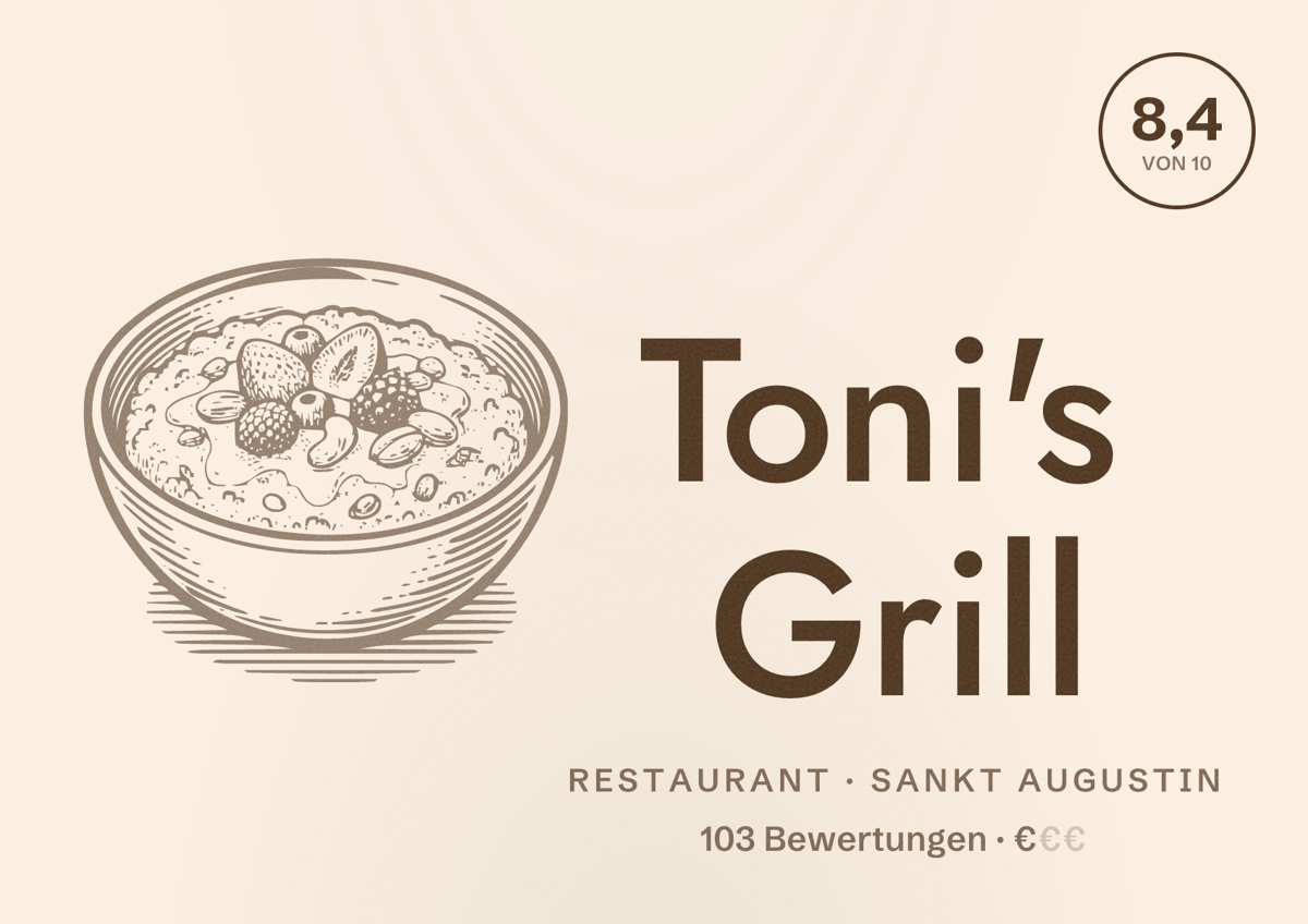 Illustriertes Poster von Toni's Grill, Restaurant in Sankt Augustin: Bewertung 8,4 von 10 aus 103 Bewertungen, Preisniveau €