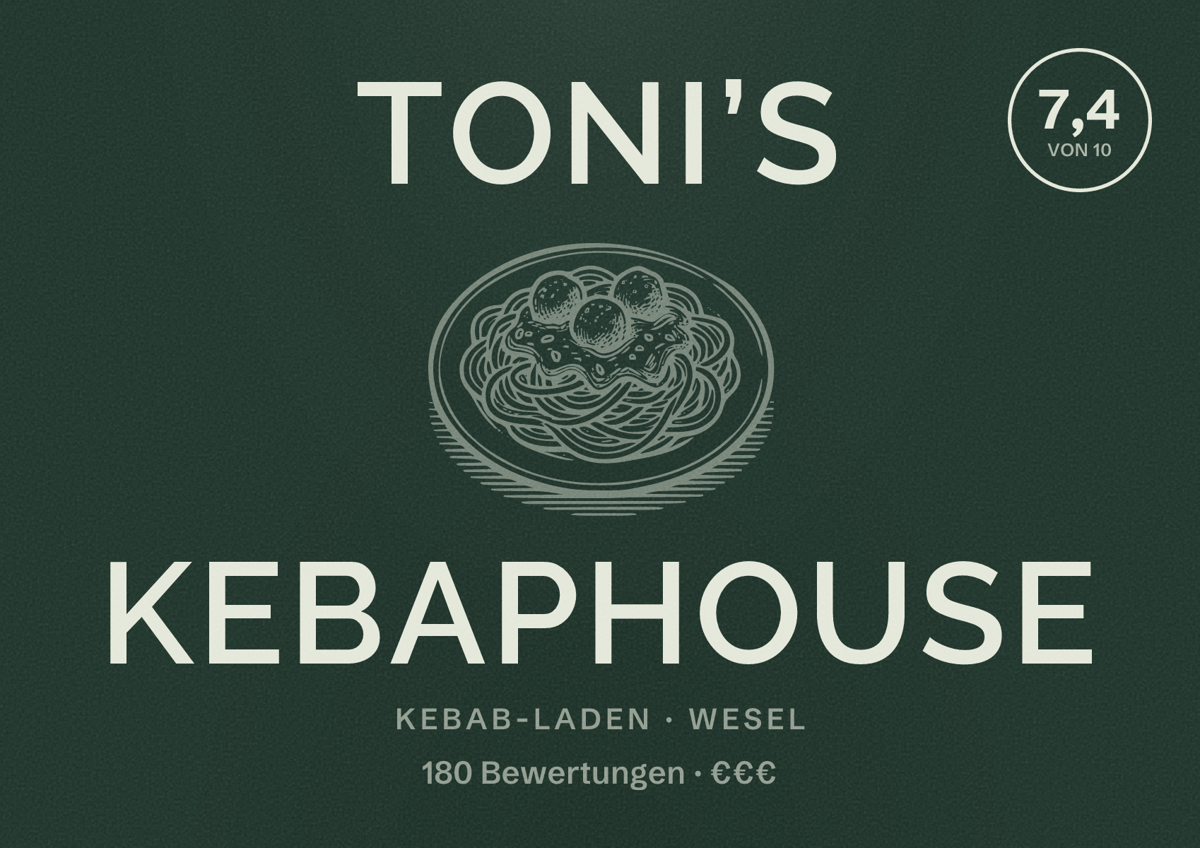 Illustriertes Poster von Toni’s Kebaphouse, Kebab-Laden in Wesel: Bewertung 7,4 von 10 aus 180 Bewertungen, Preisniveau €€€